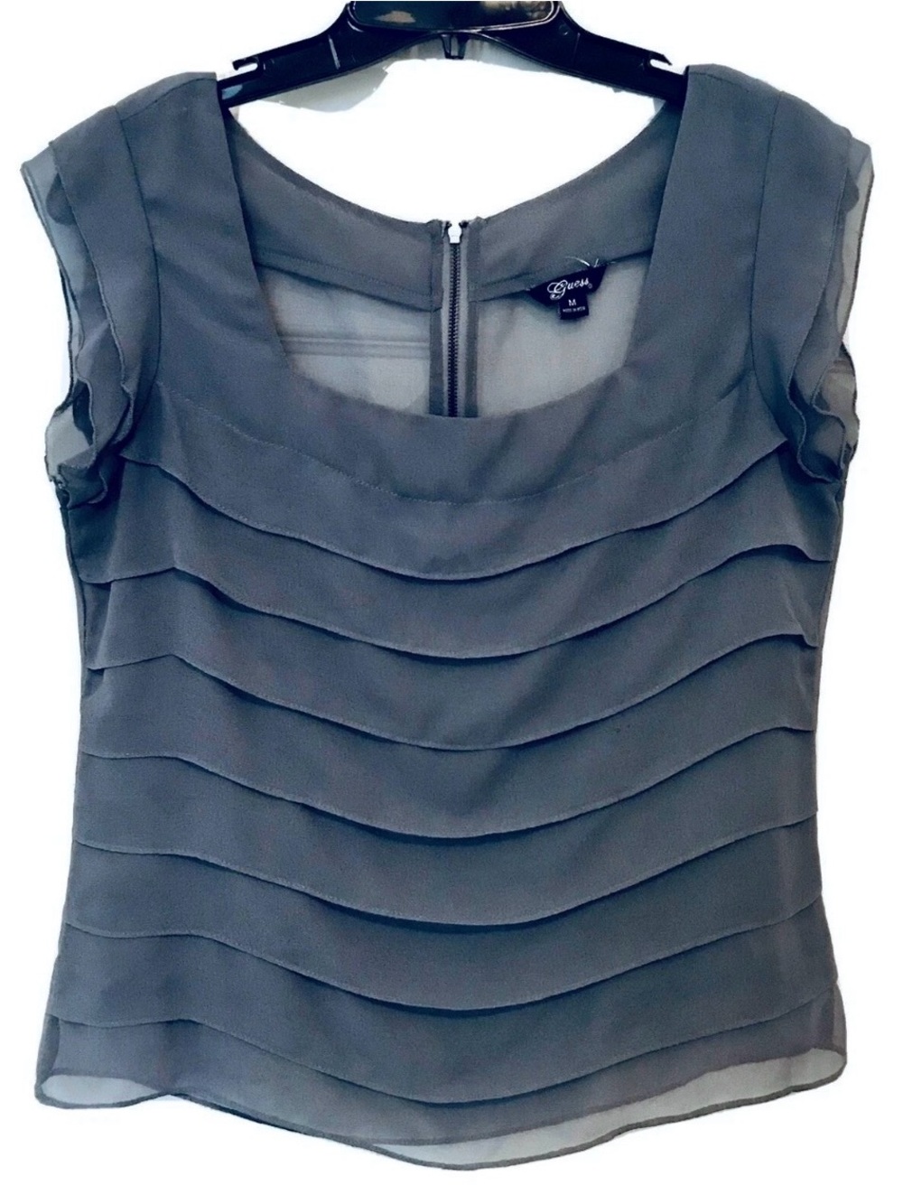 Guess Womens Jr. M Gray Modele Tiered Square Neck Cap Sleeve Zipper Back Top